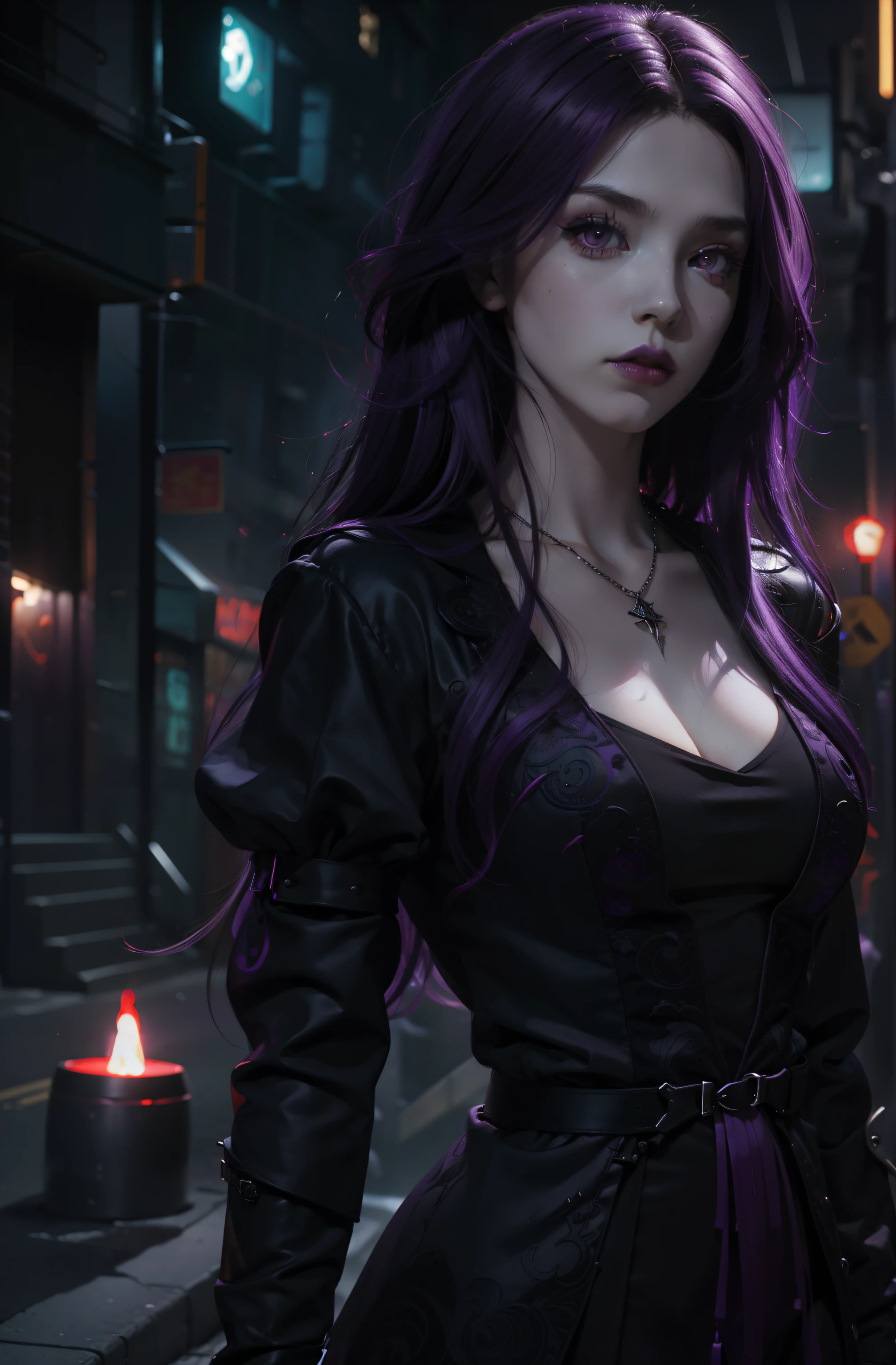 Woman in a dark modern alley, jellyfish, (modern age:1.1), Slavic appearance, (long straight purple hair gradient pro red), (red eyes), (strong expression look), purple lipstick, fair skin, (black color gothic clothes with red details:1.1), yellow scales on the hands, cinematic lighting, mystical atmosphere, dynamic focus, ultra reality, ultra realistic, ultra quality, real, real texture:1.1, realistic clothes:1.1, 8k insaneres,  absurd,