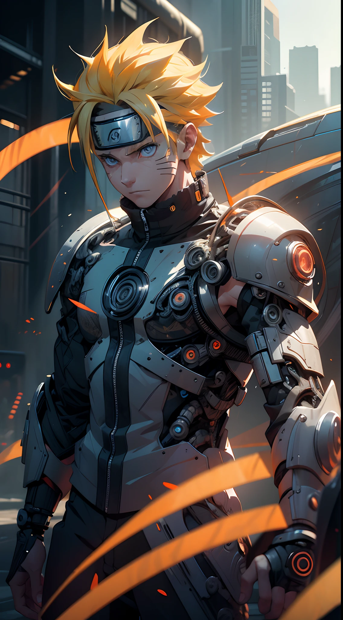 Masterpiece, Naruto cyborg mode, full mechanical body, intricate details, advanced technology, Orange lightning, detailed armor, bionic enhancements, neon lights, vivid colors,  contrasting shadows, Blue eyes, urban setting, nighttime backdrop, high contrast lighting, bold lines, blurring effects, ultra-realistic, 4k resolution