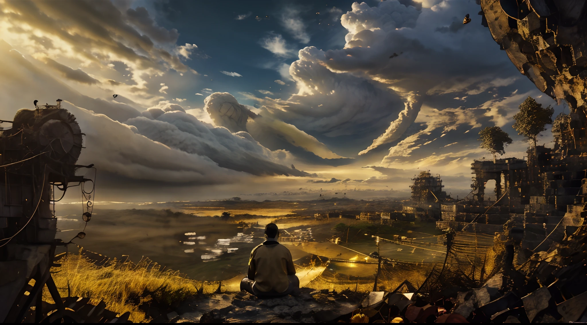 in the image there is a mountain at the top, the clouds with a large golden circle, and angels in the clouds with a sunset in the background and showing other mountains