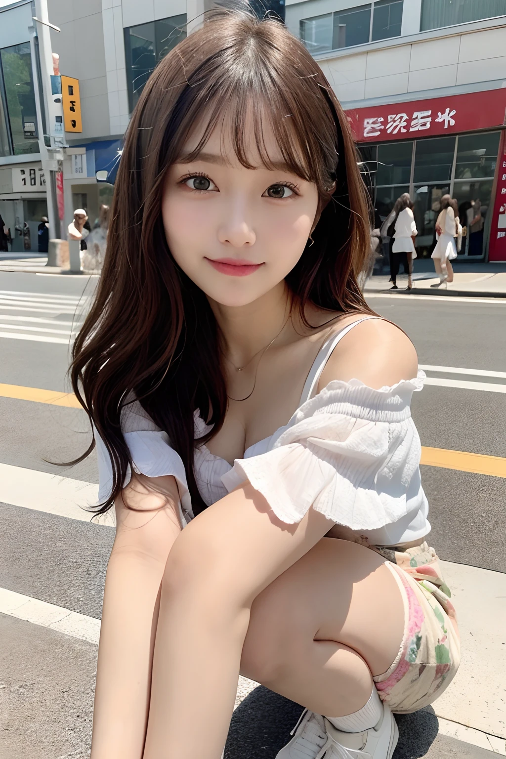 hight resolution, top-quality, Perfect dynamic composition, Beautiful detailed eyes, off shoulders、Radiant hair、Medium Hair, Natural Color Lip, college aged、Harajuku、A slight smil、Crouched figure、M-shaped legs、I can see panties、