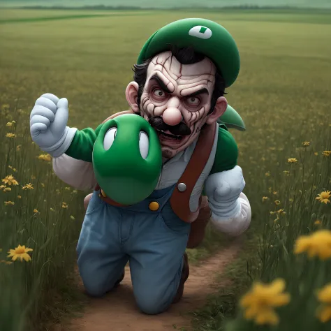 Luigi horribly disfigured from diseases wanders a field