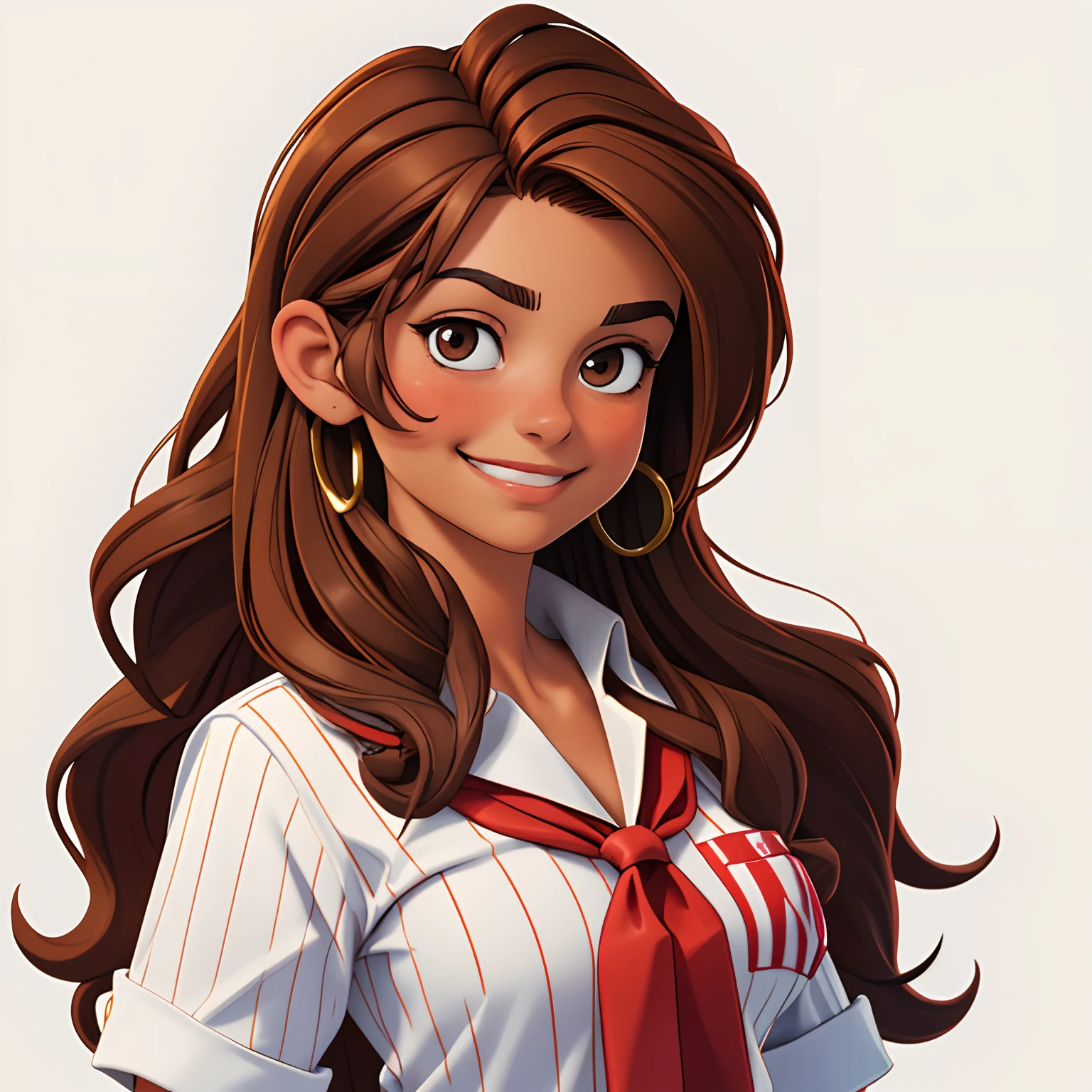 abby Shapiro , portrait, tan skin, brown hair, long hair, red neckerchief, large breasts, head cocked, smirk, white pinstripe shirt , masterpiece, best quality solid color background