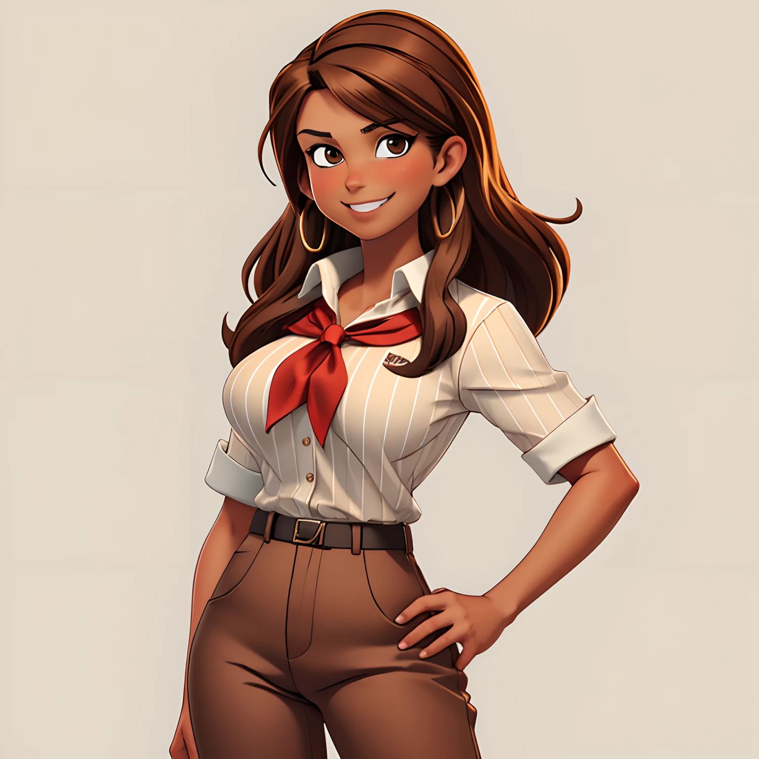 abby Shapiro , full body, tan skin, brown hair, medium length hair, red neckerchief, brown pants, huge breasts 2.0, head cocked, smirk, white pinstripe shirt , masterpiece, best quality solid color background