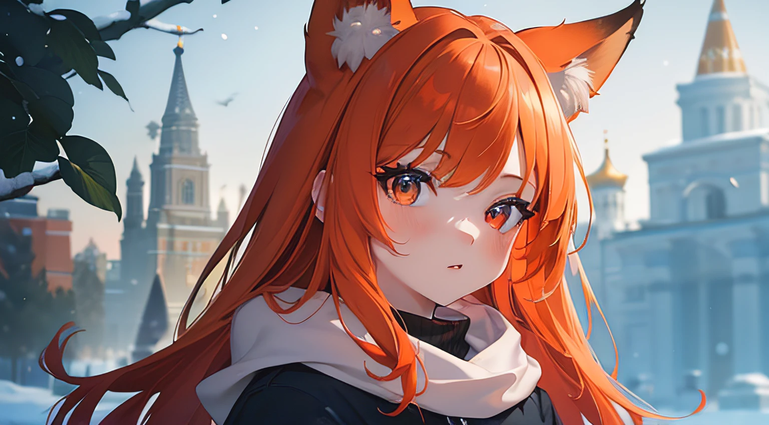 Anime girl with red hair and a cat ears in front of a castle - SeaArt AI