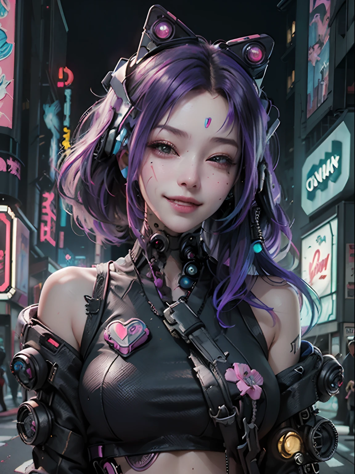 Oil painting of a (((Cyberpunk girl))), plumeria (((Harajuku design clothing))), upper body centered, multi-color hair, 1 eye closed, big happy smile.