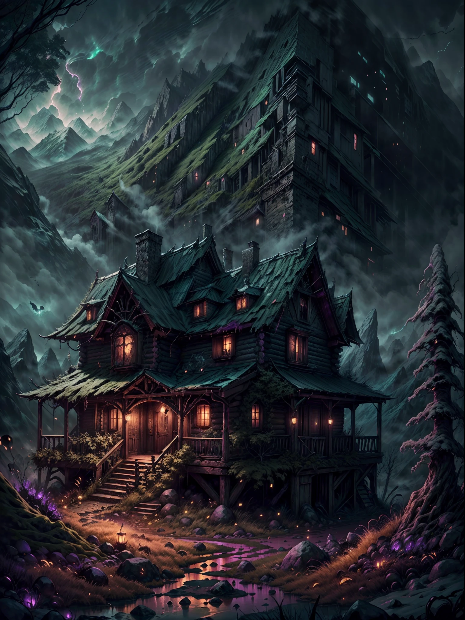 (a cabin,a massive mountain,HP.lovecraft style),old wooden cabin hidden in the dense forest,dark and mysterious,ominous atmosphere,ancient and towering mountain,covered in eerie mist,sharp and jagged peaks,reminiscent of the works of HP Lovecraft,encased in shadows,exuding a sense of unknown terror,imposing and otherworldly,carved with cryptic symbols and eldritch runes,ominous dark clouds swirling above the mountain,ominous glow emanating from the cabin's windows,whispering winds blowing through the trees,creating an eerie and unsettling ambiance,erratic flickering of candlelight,casting eerie shadows,ominous silence broken only by faint echoes of distant mysteries,palette of dark and brooding colors,dark greens, deep purples, and haunting blues,accentuated with flashes of sickly yellow and sickly greens,subtle and twisted details in every corner,beckoning the viewers into an eldritch and surreal world,intense and atmospheric lighting,casting long and haunting shadows.