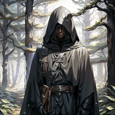 arafed hooded man in a forest with a hood on, eye patterned cloaked, eye patterned dark cloaked figure, dark hooded wraith, dark...