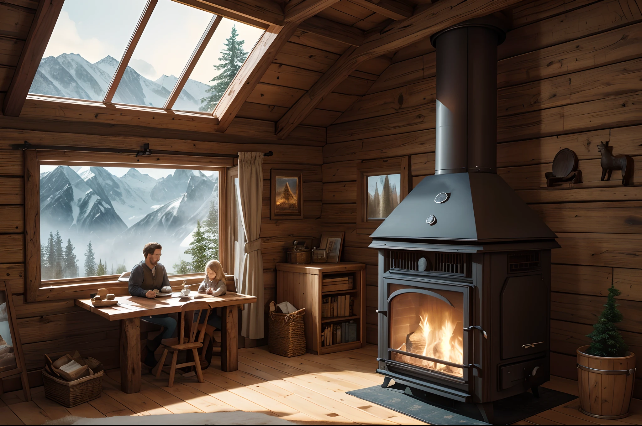 Portrail of A family of bears living inside a cozy mountain cabin in the woods, with a wood burning stove, a window to the outdoors, and furniture made from logs and boards, (realistic 3d render, realistic textures, detailed interior and exterior models,) 3D, fantasy, surrealistic, children's book illustration.