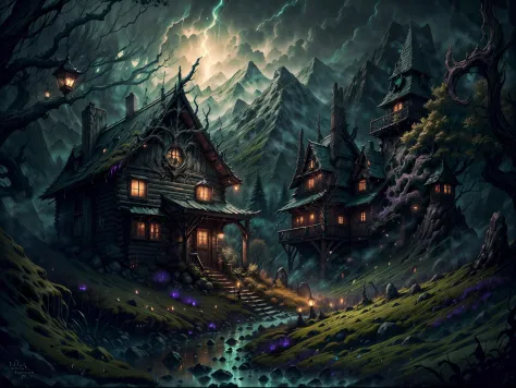 (a cabin,a massive mountain,HP.lovecraft style),old wooden cabin hidden in the dense forest,dark and mysterious,ominous atmosphere,ancient and towering mountain,covered in eerie mist,sharp and jagged peaks,reminiscent of the works of HP Lovecraft,encased i...