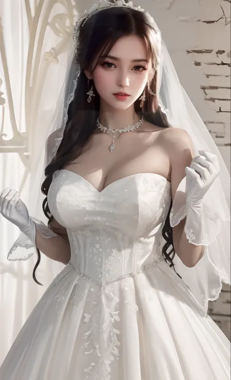 Close-up of a beautiful bride in a beautiful wedding dress, Gurvetz,（ pillory：1.5）, Flail on the head, Flail on the hands, Flail,(Bridal veil: 1.5), (Short transparent veil: 1.5), Flushed face, Head flower, head gear, (Tubular wedding dress: 1.5), (Silk dr...