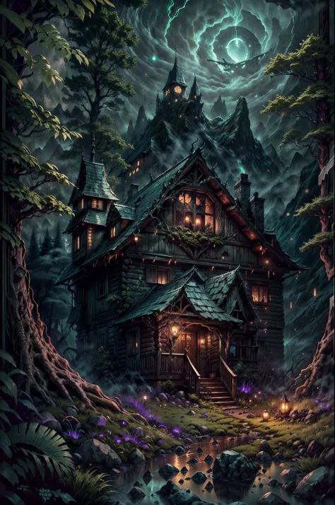 (a cabin,a massive mountain,HP.lovecraft style),old wooden cabin hidden in the dense forest,dark and mysterious,ominous atmosphere,ancient and towering mountain,covered in eerie mist,sharp and jagged peaks,reminiscent of the works of HP Lovecraft,encased i...