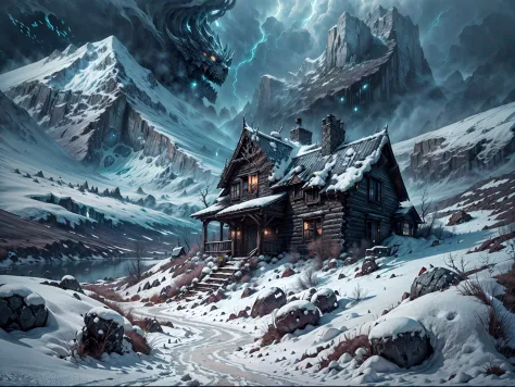 (best quality,4k,8k,highres,masterpiece:1.2),ultra-detailed,realistic,horrifying,wintery,desolate landscape,creepy cabin on top ...