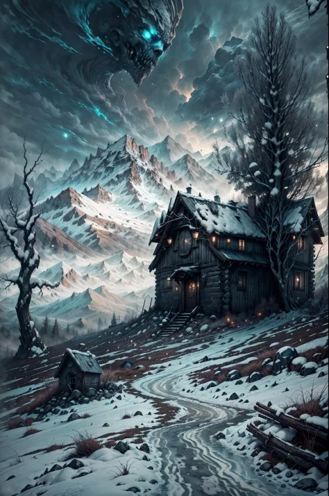 (best quality,4k,8k,highres,masterpiece:1.2),ultra-detailed,realistic,horrifying,wintery,desolate landscape,creepy cabin on top ...