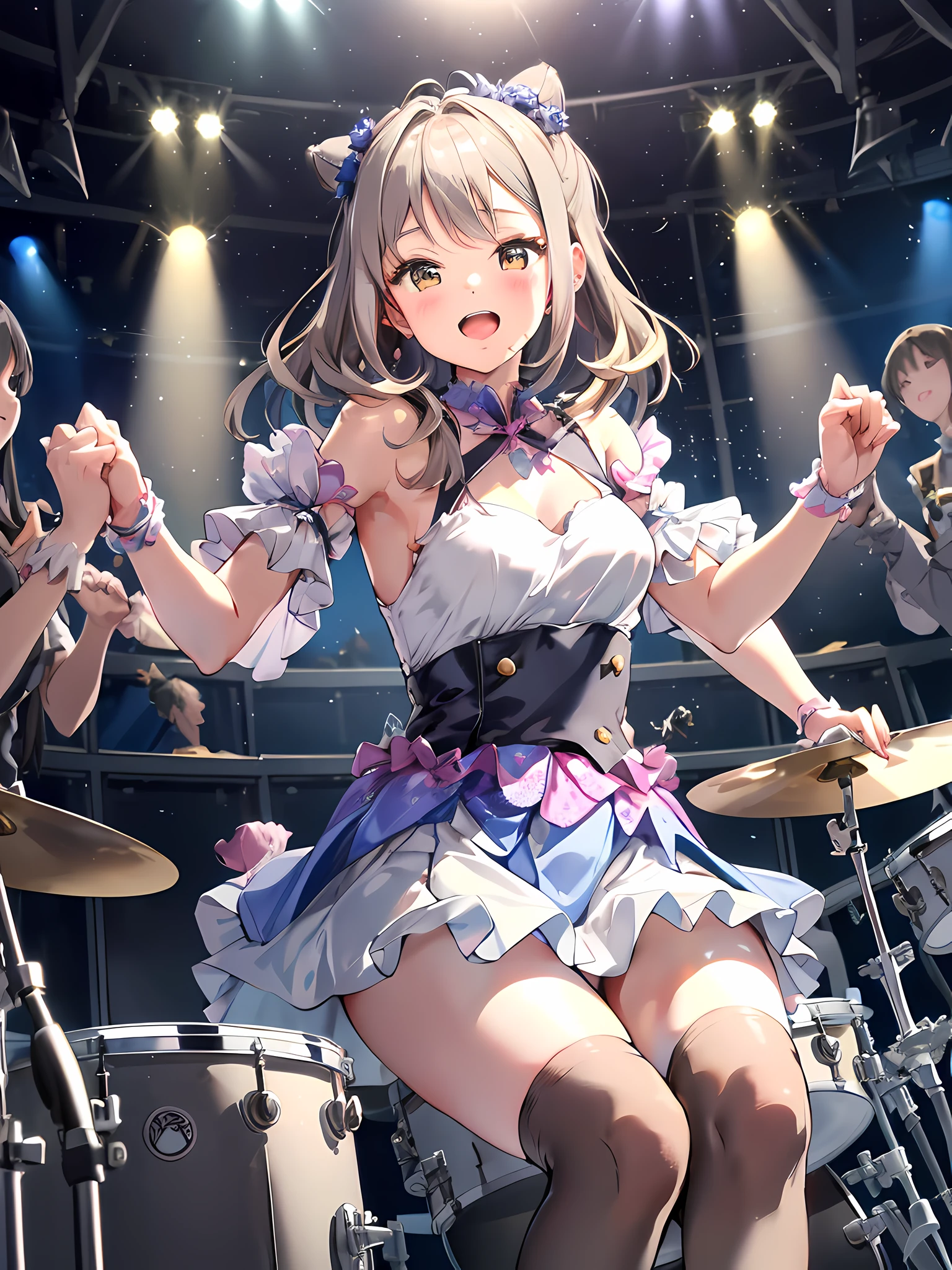 This illustration is、It features a silver-haired girl with medium-length hair playing drums on stage. She confidently shakes the drumsticks, Surrender to the music. Silver hair dances lightly、Playing while exuding dynamism and energy. Stage lights illuminate her, And the cheers of the audience echo in the background. The illustration is、Music captures magical moments that fill the air through her drumming. Her passion and talent are、Shines throughout the artwork, Captivate the hearts of those who see it.