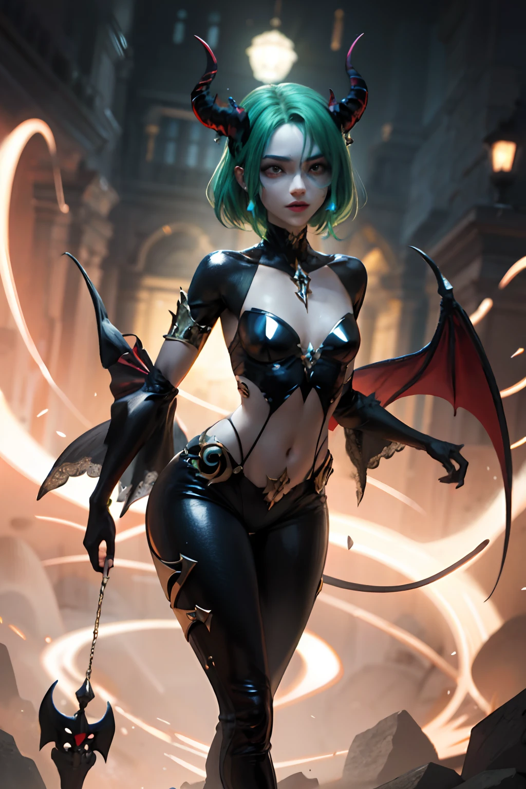 (Masterpiece: 1.2, The best quality), (1woman), huge breasts, (dynamic posture), (shiny skin, green skin oscuro), demon girl, green skin, Thin and lace gloves, ( small demonic horns:1.1), (sky), fringe, (jewely, golden ornament:1.15 ), pelvis grande,