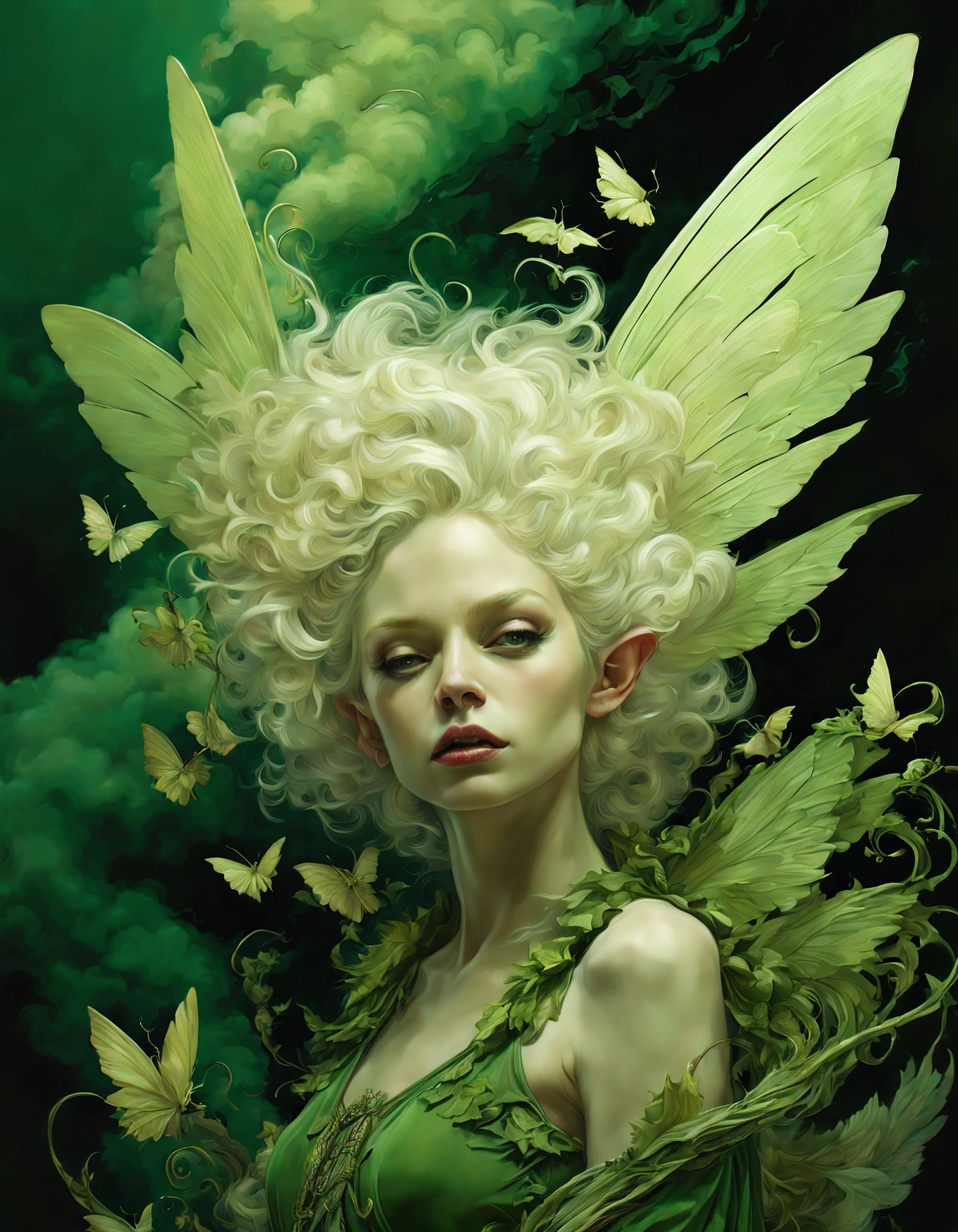 ((Halloween style)), Cinematic, photorealistic of albino ((faerie, 2 wings in her back)), vibrant colors, green outfit, fantasy, warm green tone, surreal, 8k resolution photorealistic masterpiece by Aaron Horkey and Jeremy Mann, professional photography, volumetric lighting maximalist photoillustration by marton bobzert, 8k resolution concept art intricately detailed, complex, elegant, expansive, fantastical, mythical clouds