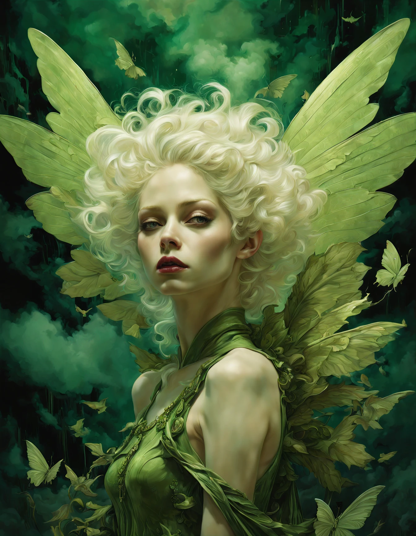 ((Halloween style)), Cinematic, photorealistic of albino ((faerie, 2 wings in her back)), vibrant colors, green outfit, fantasy, warm green tone, surreal, 8k resolution photorealistic masterpiece by Aaron Horkey and Jeremy Mann, professional photography, volumetric lighting maximalist photoillustration by marton bobzert, 8k resolution concept art intricately detailed, complex, elegant, expansive, fantastical, mythical clouds