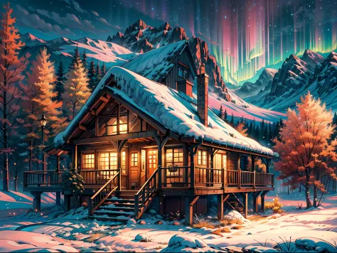 cabin with a massive mountain view,Shinkai Makoto style,beautifully detailed cabin,extremely detailed mountain range,soft lighti...