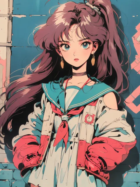 ((((90's anime style,1990s style,1970s anime，have the style of folk portraits，retro style posters,chicano inspired retro fashion，renaissance,  retro style inspiration retro, dusty,sandstone,sandstorm,newspaper,posters, fresh and clean appearance，))))(maste...