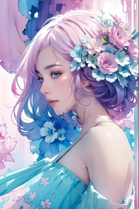 1girl,flower, lisianthus ,in the style of light pink and light azure, dreamy and romantic compositions, pale pink, ethereal foli...