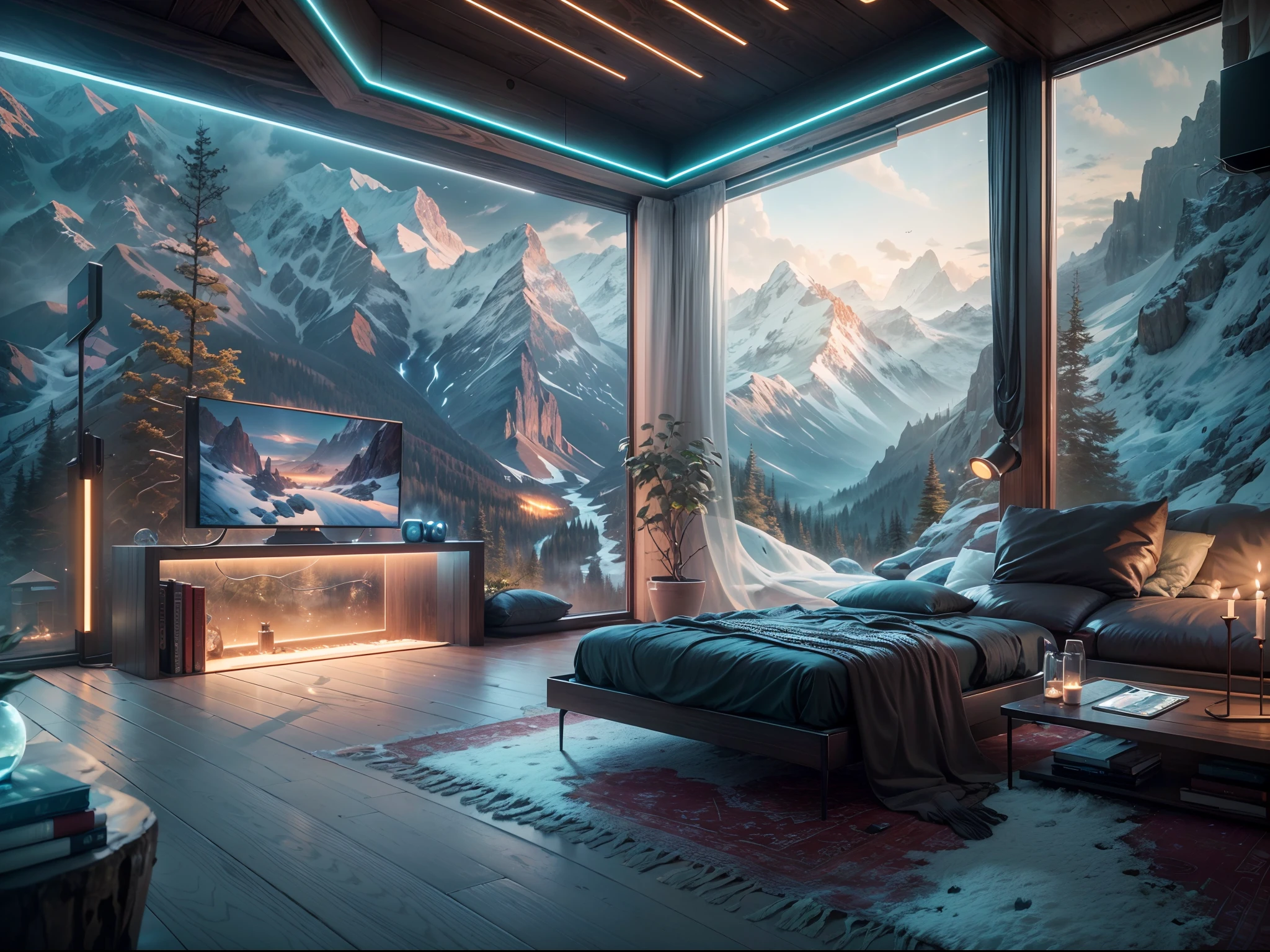 (best quality,4k,8k,highres,masterpiece:1.2),ultra-detailed,(realistic,photorealistic,photo-realistic:1.37),futuristic cyberpunk cabin,mountain view,modern,futuristic technology cabin,metallic finish,sleek design,high-tech,glowing LED lights,neon colors,advanced displays,interactive holograms,holographic projections,aesthetic architecture,panoramic windows,expansive view,spacious interior,floor-to-ceiling glass walls,transparent floors,stunning landscape,pristine nature,unspoiled wilderness,adventurous atmosphere,snow-covered peaks,majestic mountain range,endless skies,otherworldly feel,sci-fi theme,harmonious blend,blending nature and technology,integrated into the surroundings,seamless integration,advanced energy system,sustainable,eco-friendly,clean energy use,smart automation,digital assistant,controllable by voice commands,high-speed internet connection,modern furnishings,sleek furniture,minimalist decor,high-end appliances,audio-visual entertainment system,comfortable seating,zen garden,private sanctuary,peaceful retreat,tranquil setting,escape from reality,mindful relaxation,enjoyment of natural beauty,magical moments,incredible experience.