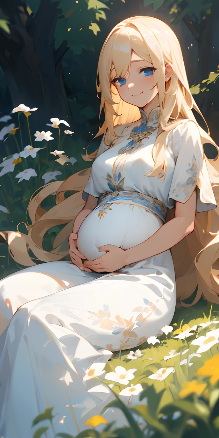 Anime pregnant woman sitting in the grass with flowers - SeaArt AI