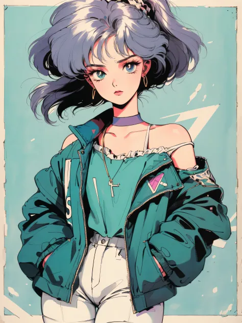((((90's anime style,1990s style,1970s anime，have the style of folk portraits，retro style posters,chicano inspired retro fashion...