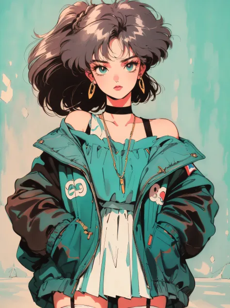((((90's anime style,1990s style,1970s anime，have the style of folk portraits，retro style posters,chicano inspired retro fashion，renaissance,  retro style inspiration retro, stone visual aesthetic style, hand painted details, fresh and clean appearance，)))...