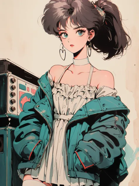((((90's anime style,1990s style,1970s anime，have the style of folk portraits，retro style posters,chicano inspired retro fashion，renaissance,  retro style inspiration retro, stone visual aesthetic style, hand painted details, fresh and clean appearance，)))...