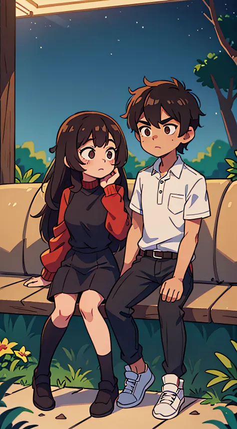1 male and 1 female brown black haired , night time , high quality, sitting next to each other