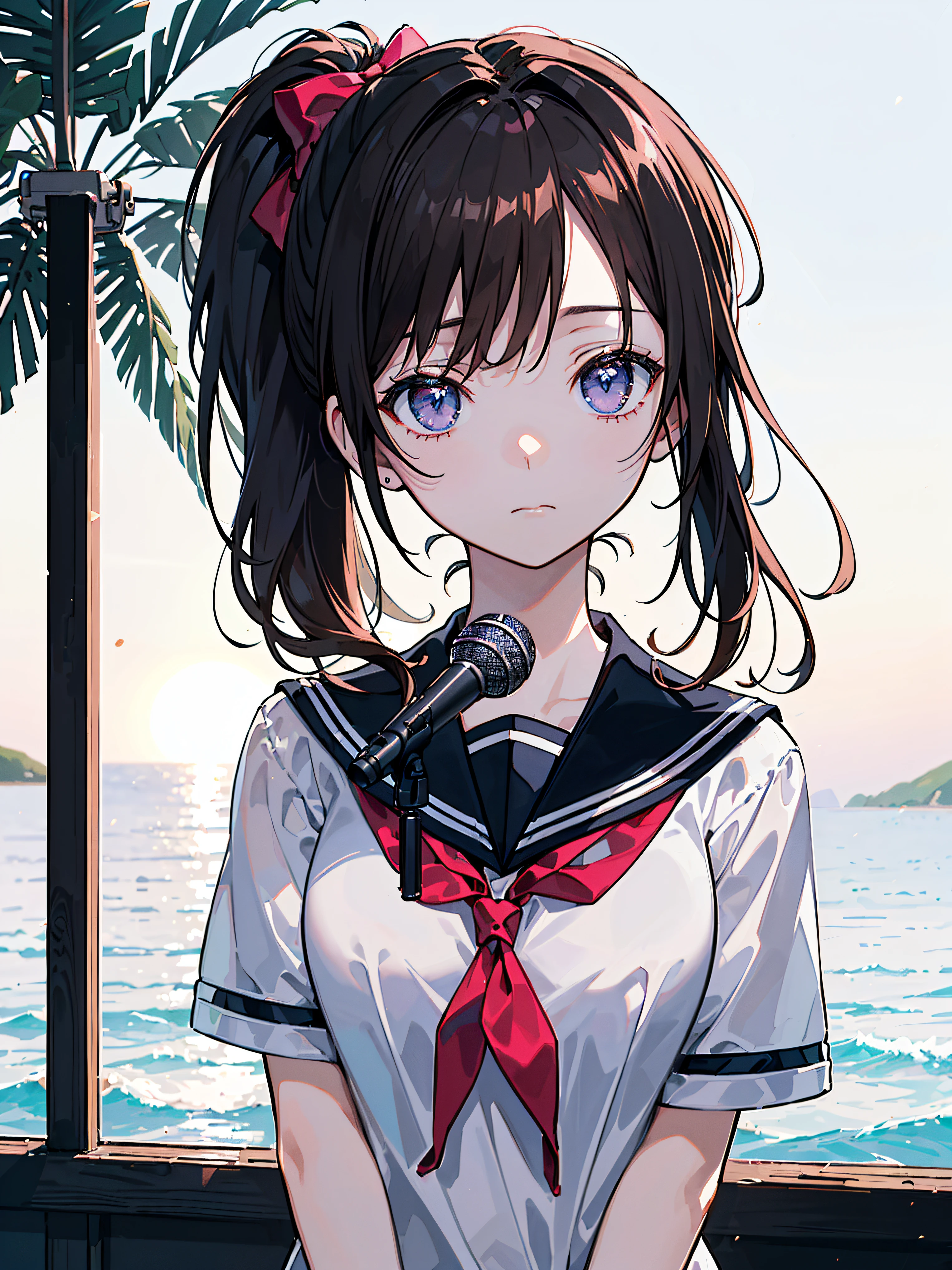 ((((Sharp focus，Vaporwave,Depression angle 30 degrees，indifferent,))))((microphone,standing microphone,fashion design,))(Masterpiece illustration,Beautiful and aesthetic:1.2,Dramatic composition：1.2), Best quality,Top quality, Epic quality,((coconut trees,coast,beach,)(Sun glare, Bokeh, Depth of field, The background is blurred out, Light particles, neo-classical, OP Art, god light,))Rich background, Neat face,underage,Young,Beautiful detailed hair，brown hair，hyper HD, retinas, Textured skin, A high resolution, 16k ，((pony tails,long hair,Large bow on ponytail)),Detailed face, 1JK, 1girll,Solo, Perfect face, Very amazing girl,(black sailor uniform,White sailor tie at front),The light from the back window is backlighted,rim-light,