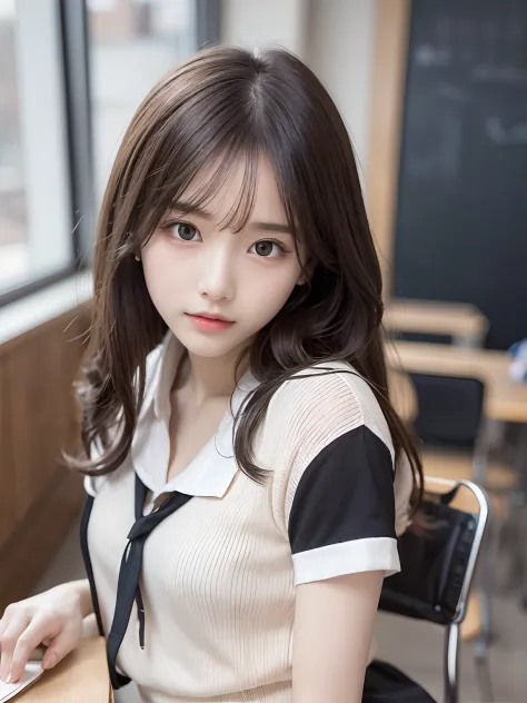tmasterpiece，top-quality，offcial art，Highly detailed CG Unity 8K wallpapers，High school female student，very delicate beautiful，超A high resolution，（realisticlying：1.4），Golden hour lighting，（full bodyesbian），in class room，（Platinum shorthair：0.8），（pretty eye...