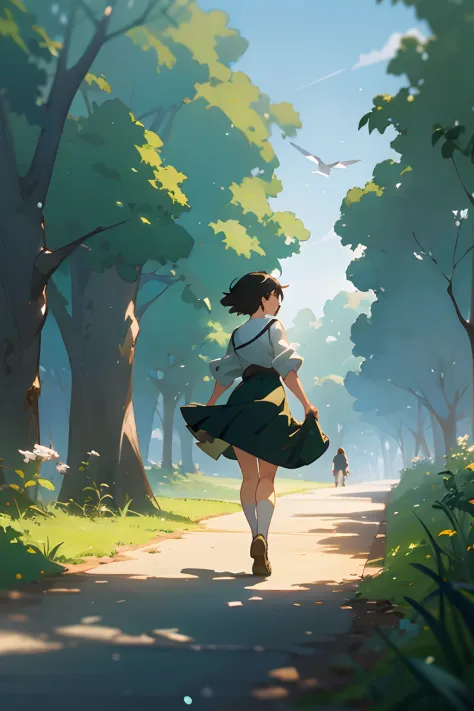 painting of a woman walking down a path with a bird flying overhead, an anime drawing by Makoto Shinkai, pixiv contest winner, serial art, the anime girl is running, in style of makoto shinkai, a beautiful artwork illustration, overgrowth. by makoto shinka...