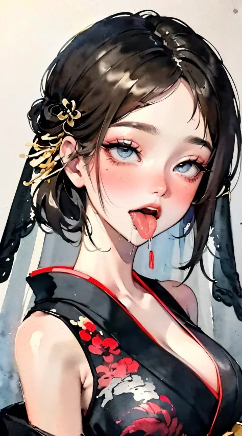 (((((((Chinese ink painting，watercolor paiting，traditional kimono,saliva,tongue from mouth,blush:1.2，veil,baggy cuffs,)))))))，((1girl,under-aged,amazing,sharp focus,seductive girl，Solo，from above:1.3,bent over:1.2,))(Masterpiece,Best quality, offcial art, ...