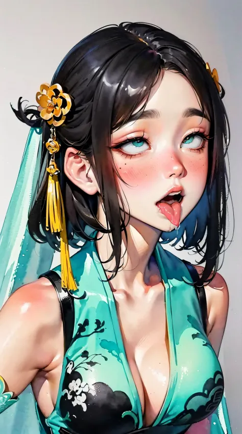 (((((((Chinese ink painting，watercolor paiting,cyan chinese hanfu,saliva,tongue from mouth,blush:1.2，veil,baggy cuffs,)))))))，((1girl,under-aged,amazing,sharp focus,seductive girl，Solo，from above:1.3,bent over:1.2,))(Masterpiece,Best quality, offcial art, ...