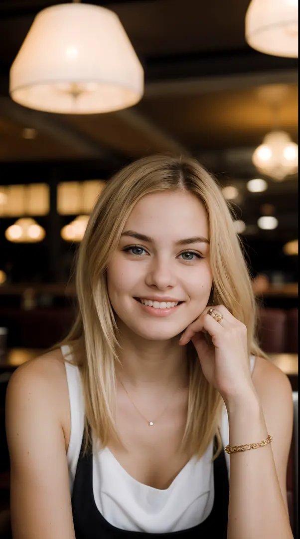 A cute blonde woman with dark theme, sitting in a restaurant, close-up.