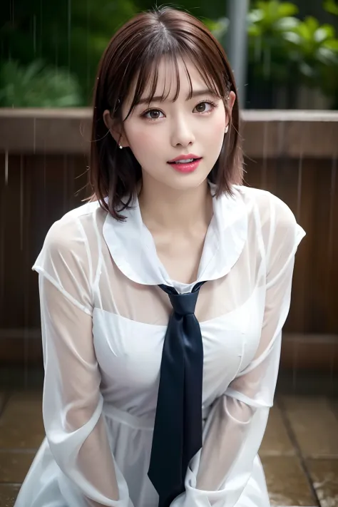 One Girl in the Rain、Blushing cheeks、gazing at viewer、Heavy rain、large full breasts、A sheer white summer dress that adheres to the chest when wet、No umbrella、Girl in Japan uniform and girl without umbrella in the rain、Wet face,wetted skin、a wet body、wet co...