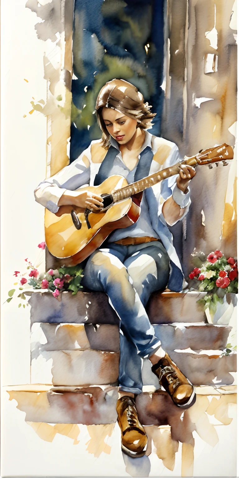 An image of an alaffe of a man playing guitar on a porch, the guitar player, James Gurney painting style, guitarists, Girl playing guitar, realistic watercolour, plays the guitar, # 1 digital paintting of all time, #1 digital paintting of all time, author：Andrew Rowe, Woman playing guitar, solo portrait 🎨🖌️, Inspired by Michael Garmash