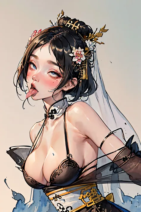 (((((((Chinese ink painting，watercolor paiting，ancient chinese hanfu,long tongue,tongue from mouth,blush，veil,baggy cuffs,)))))))，((1girl,under-aged,amazing,sharp focus,seductive girl，Solo，from above:1.3,bent over:1.2,))(Masterpiece,Best quality, offcial a...