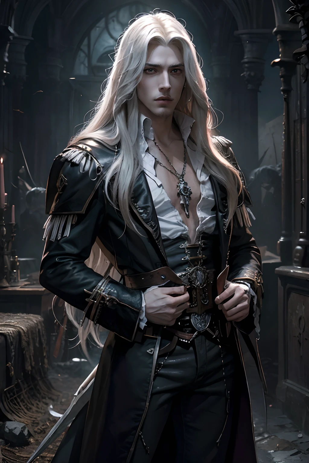 La mejor calidad, obra maestra, (realista:1.2), un hombre con cabello blanco y una espada, Alucard, Hermoso dios masculino de la muerte,  Castlevania, Arte detallado del personaje de anime, Castelvania,  Sotn, epic exquisite character art, Arte Zerochan, Arte detallado en un campo de batalla de noche