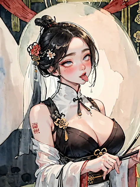 (((((((Chinese ink painting，watercolor paiting，ancient chinese hanfu,tongue from mouth,blush，veil,baggy cuffs,)))))))，((1girl,under-aged,amazing,sharp focus,seductive girl，Solo，from above:1.3,))(Masterpiece,Best quality, offcial art, Beautiful and aestheti...