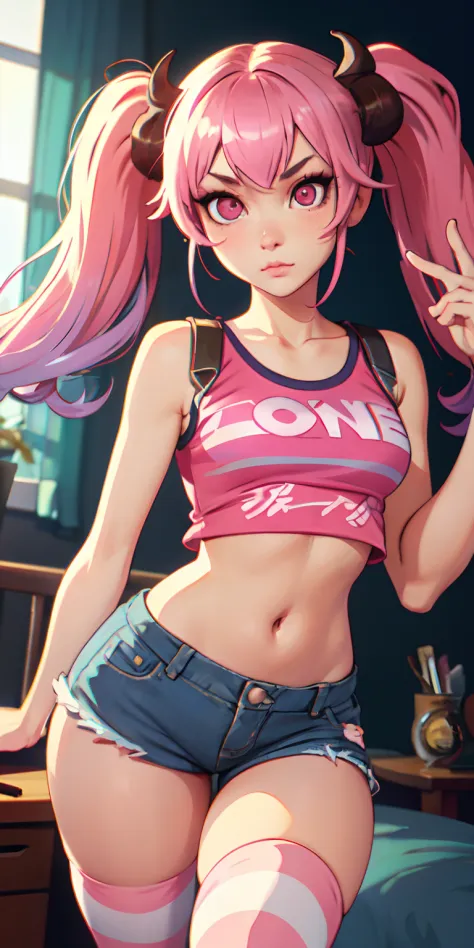 (masterpiece, best quality), 1girl, pink hair, crop top, denim shorts, bedroom, striped thighhighs, twin tails, long pig tails, ...