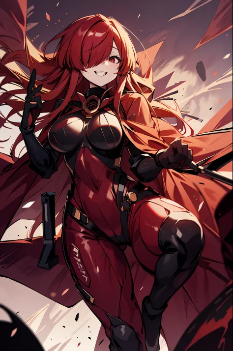 woman, red hair, long hair, anime, breasts, red eyes, comics, solo, hair over one eye, cape, red cape, bodysuit, bangs, large breasts, grin, black bodysuit, tocando baixo, Bass instrument in your hands, foto de corpo inteiro.