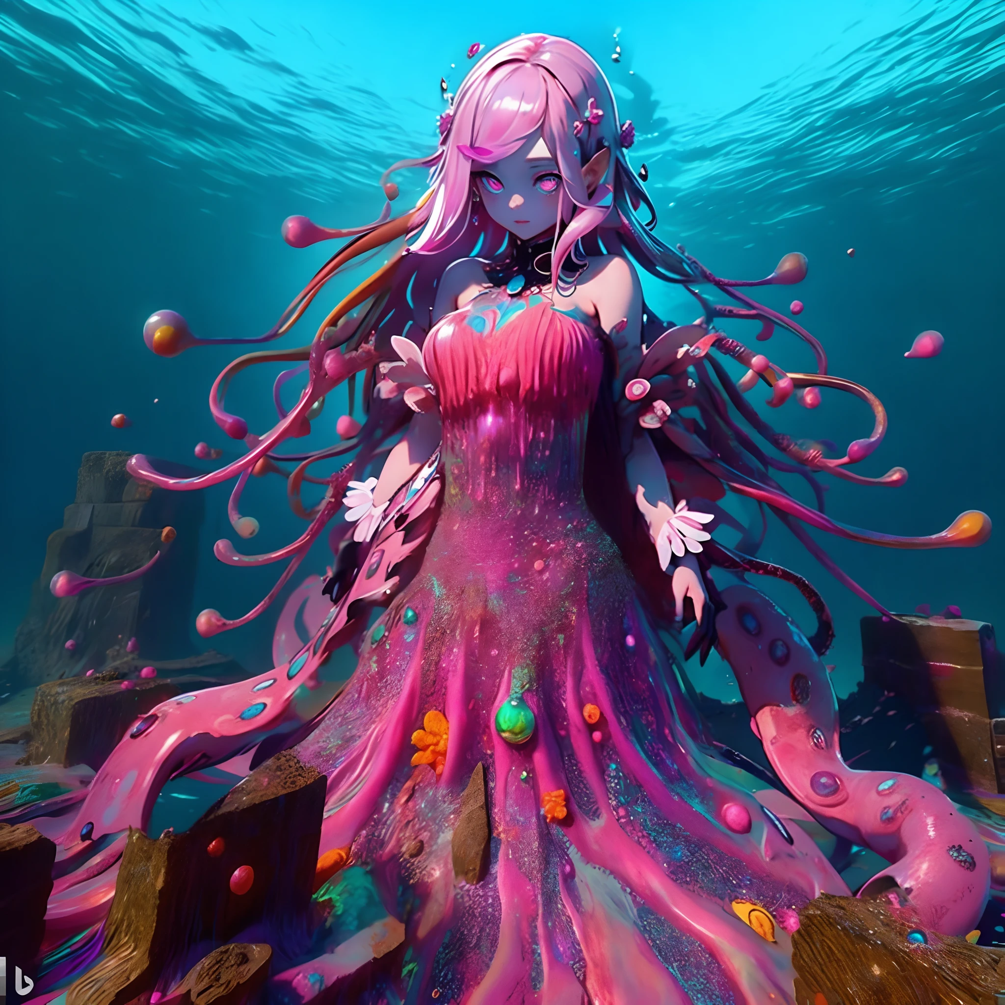 Une fille géante au fond de l&#39;océan. Sa robe est principalement rose, avec sept couleurs de lustre. Elle a des couleurs psychédéliques. Brillant comme un film d&#39;huile. Ses yeux brillent mystérieusement. tentacules. obscurité. Des ruines au fond de l&#39;océan.