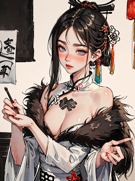 (((((((Chinese ink painting，watercolor paiting，ancient chinese qipao,wipe chest,blush，fur cuffs,)))))))，((1girl,young,amazing,sharp focus,adorable girl，Solo,))(Masterpiece,Best quality, offcial art, Beautiful and aesthetic:1.2),((超高分辨率,Golden ratio,)) (16k...