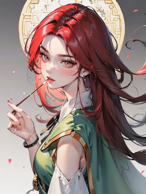 (((((((Chinese ink painting，watercolor paiting，ancient chinese costume,Has the temperament of a queen,hair slicked back，slit pupils，hair intakes,blush stickers,pointy hair,colored inner hair,v shaped eyebrows,ruby hair,Mix white pick dye，fur cuffs,fingers ...