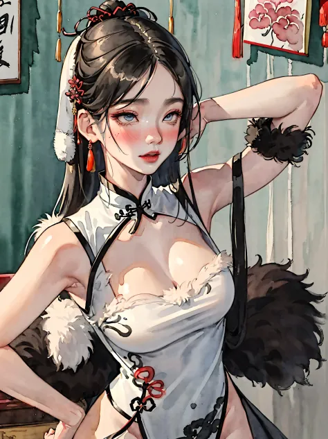 (((((((Chinese ink painting，watercolor paiting，ancient chinese qipao,wipe chest,blush，fur cuffs,)))))))，((1girl,young,amazing,sharp focus,adorable girl，Solo,))(Masterpiece,Best quality, offcial art, Beautiful and aesthetic:1.2),((超高分辨率,Golden ratio,)) (16k...
