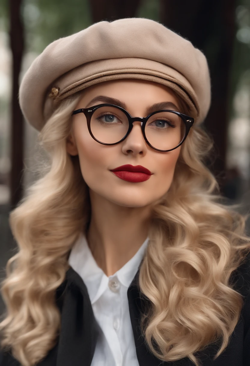 blonde woman, curly hair, round glasses, beret, characteristics of an INTP.  Loves art, philosophy, history, literature, France, Argentina, martial arts, Full HD, 8K