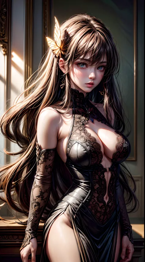 (tmasterpiece), (Better quality),8k beautiful cyborg with brown hair,Pink lace slip dress， iintricate, elegant, Highly detailed, Majestic, Digital photography, art by artgerm and ruan jia and greg rutkowski surreal painting gold butterfly filigree, Broken ...