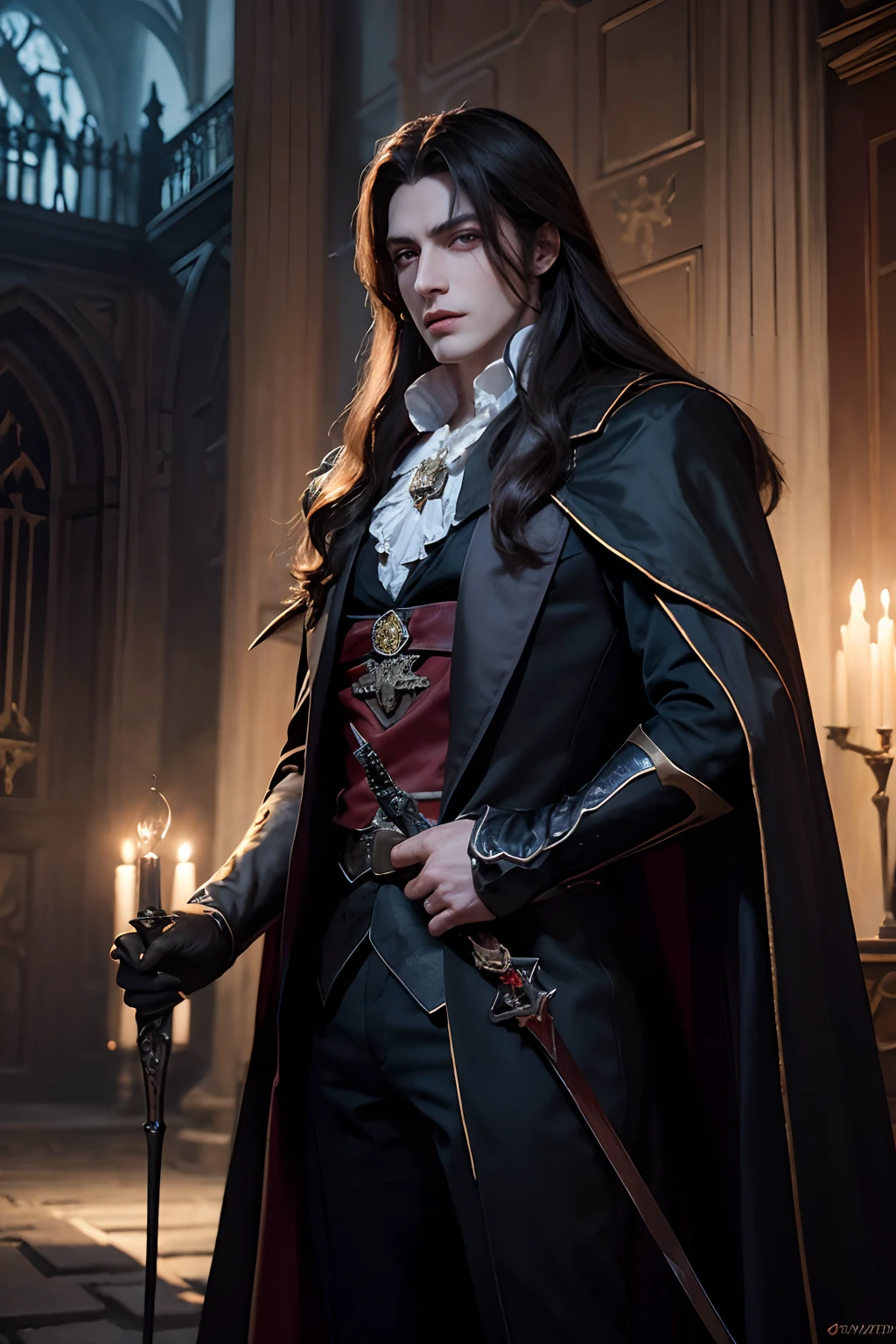 The best quality, masterpiece, (realist:1.2), Castlevania Lord of the night and the vampires in gothic costume surrounding the great extremely detailed legendary,beautiful red eyes, 4k ultra-detailed Lord of Shadows, on a battlefield at night